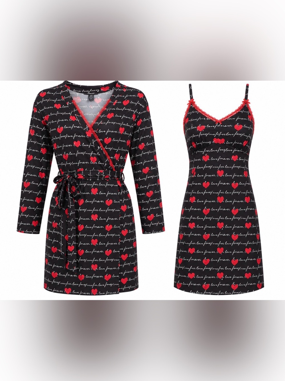 3/$15 Rene Rofe Black Sleepwear Robe & Slip with Red Heart Print